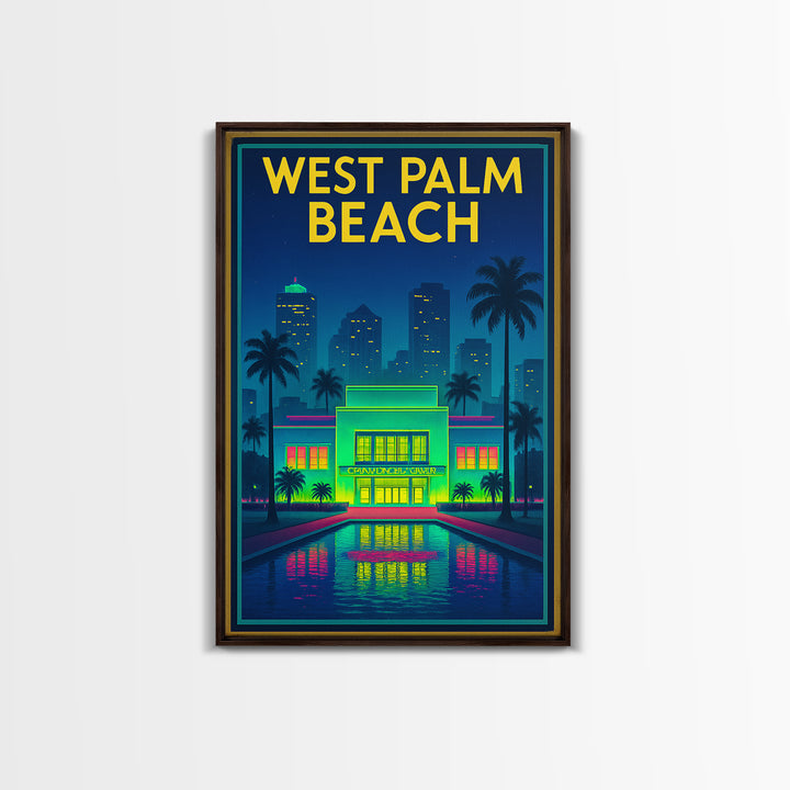 West Palm Beach Travel Poster, Framed Canvas Print, Neon City Skyline Wall Art, West Palm Beach Poster Print, Retro Travel Print, Wall Art