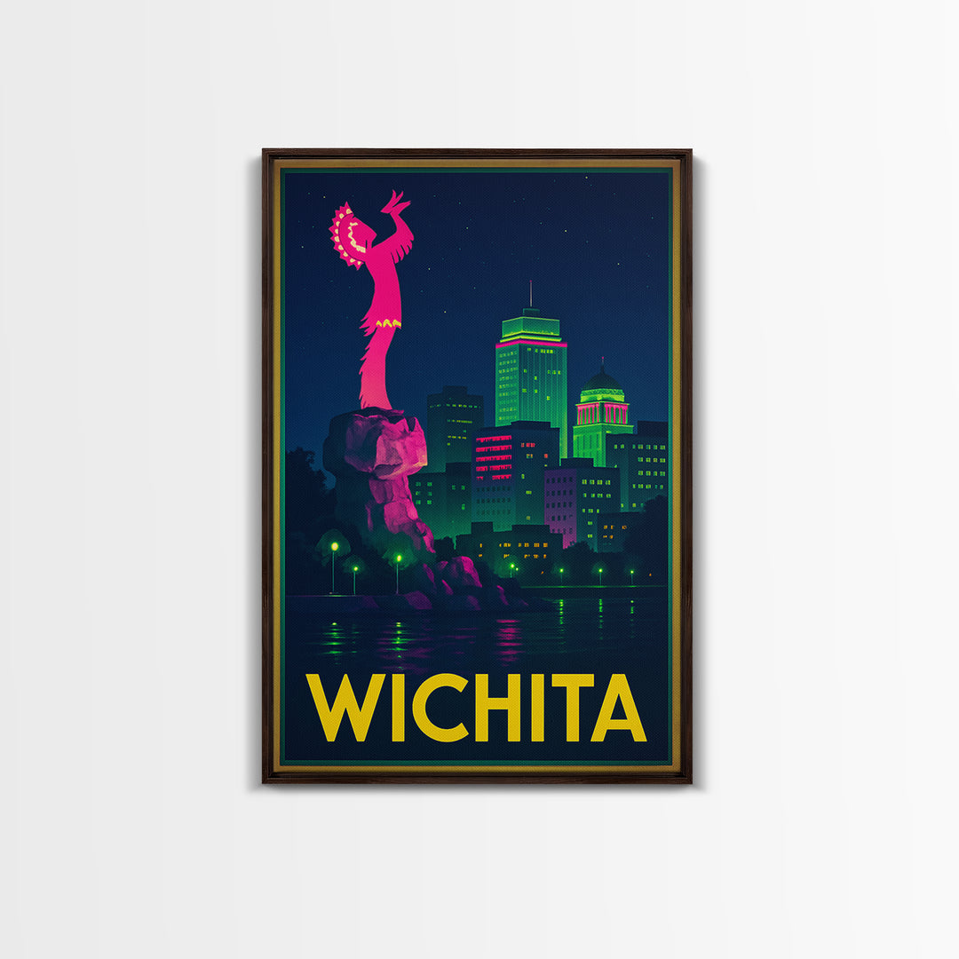 Wichita Kansas Travel Poster, Canvas Print, Retro Neon Travel Art, Wichita Print, City Poster, Travel Wall Art, Watercolor Urban Skyline