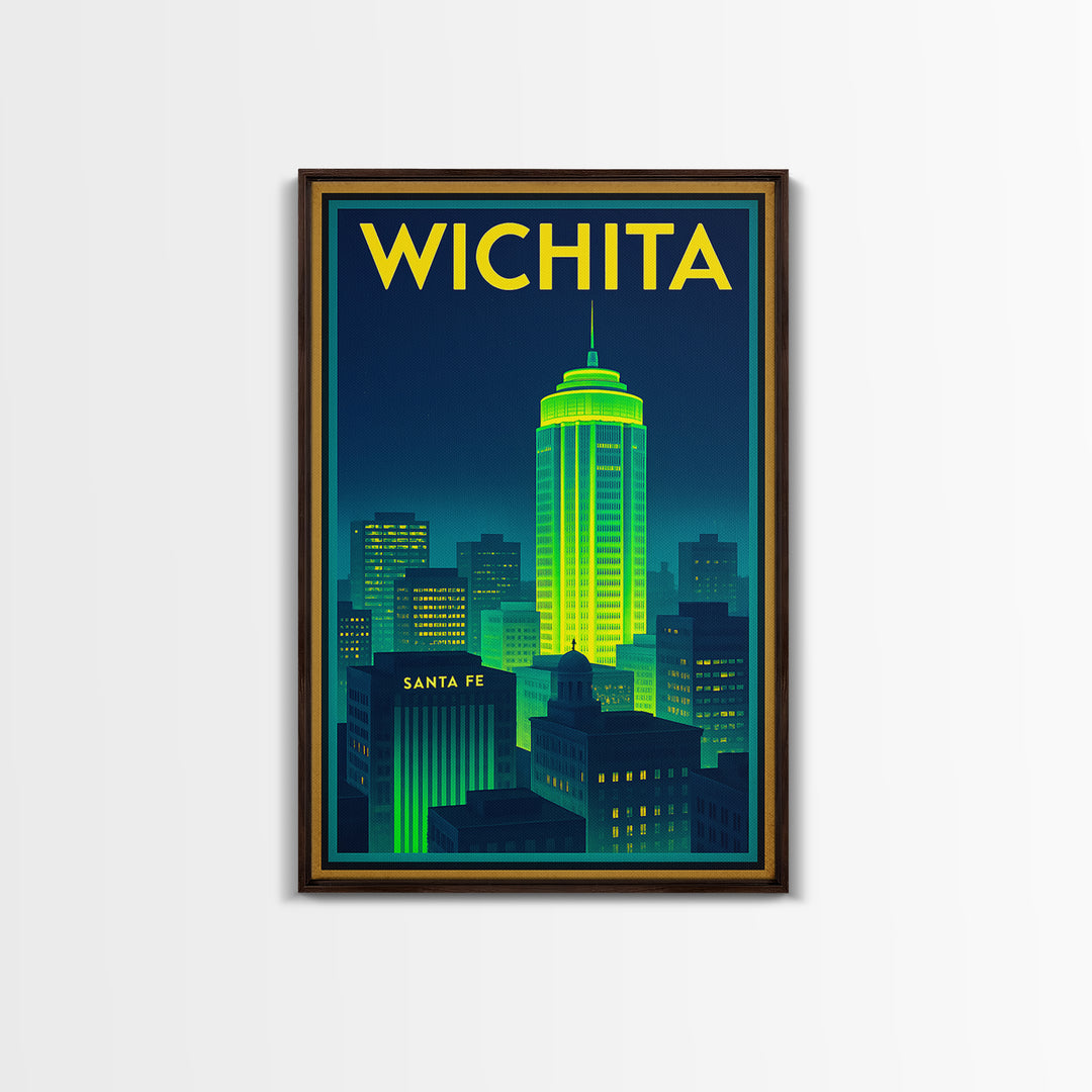 Wichita Travel Poster, Framed Canvas Print, Cyberpunk Style City Art, Wichita Art Print, Living Room Wall Art, City Travel Prints