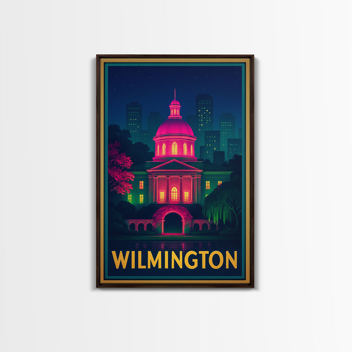 Wilmington North Carolina Travel Poster, Framed Canvas Print, Retro Neon Travel Art, Wilmington Travel Art, City Art Print, Vintage City Art