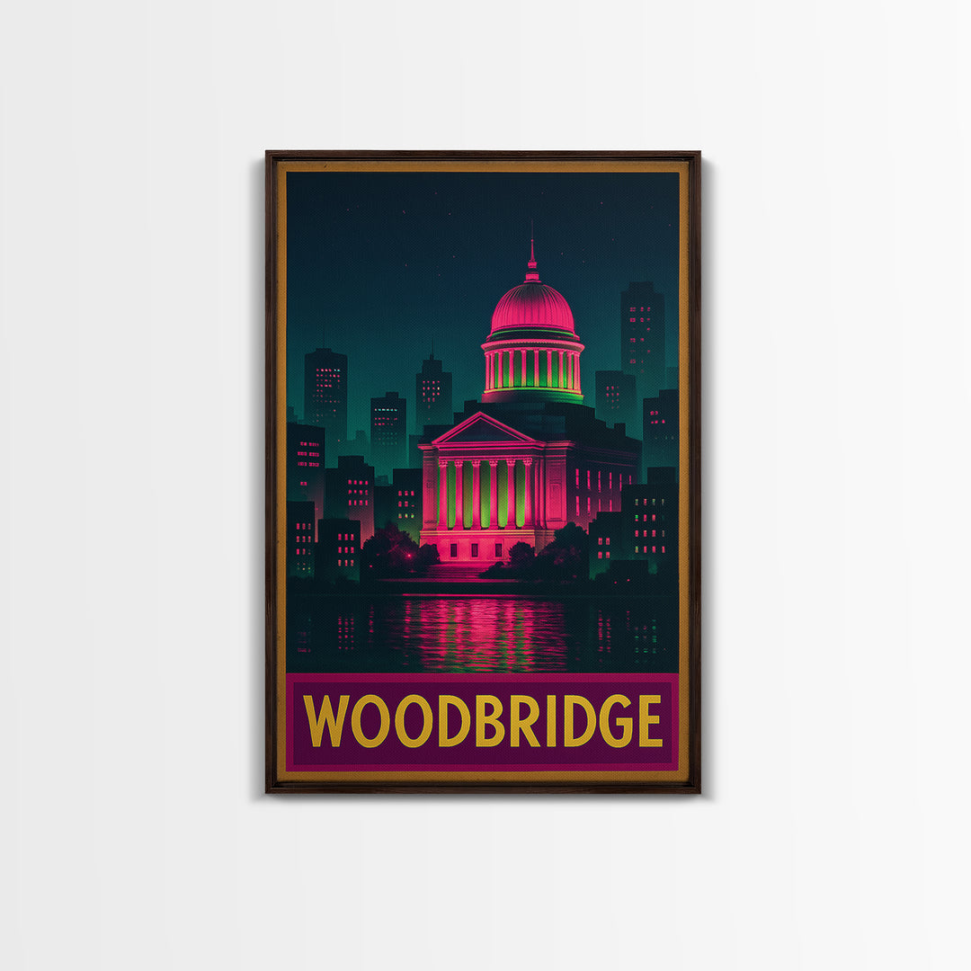 Woodbridge Travel Poster, Canvas Print, Retro Neon Travel Art, Woodbridge Art Print, Modern Wall Decor, Travel Poster Art, Travel Wall Art