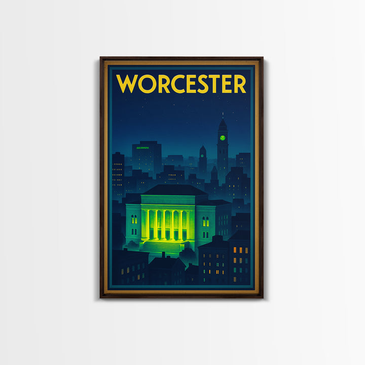 Worcester Travel Poster, Framed Canvas Print, Neon Skyline Art Wall Art, Worcester Travel Art, Vintage Travel Print, Vintage City Poster