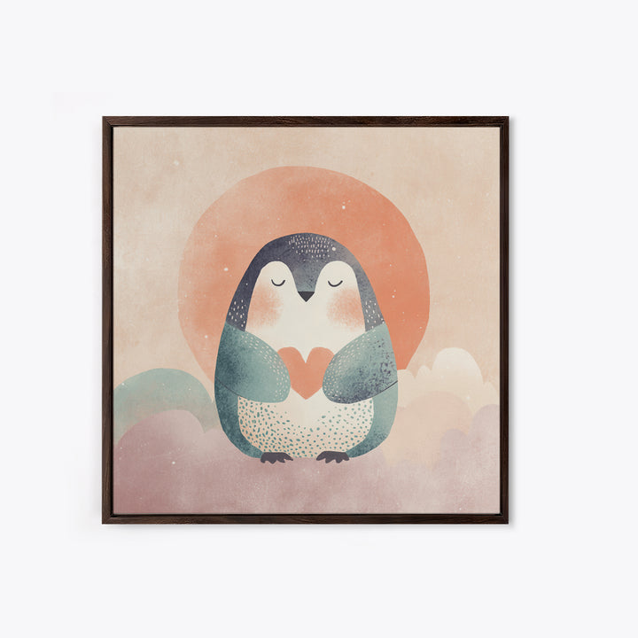 Penguin Holding a Little Heart Shape Canvas Print, Nursery Art, Watercolor Print, Nursery Decor, Abstract Art, Nursery, NUR-1x1-10