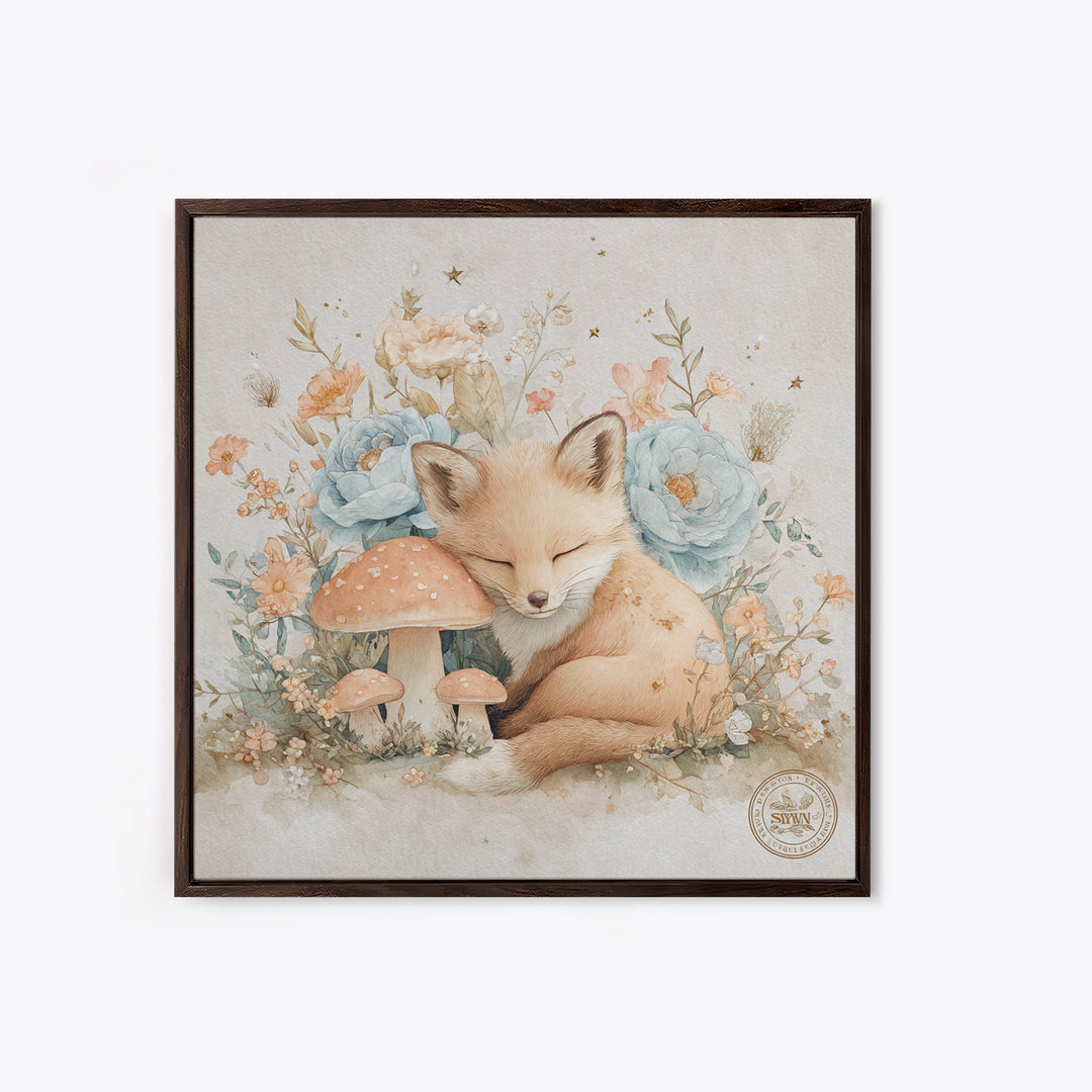 Woodland Fox Tucked Framed Canvas Print, Nursery Art, Whimsical Wall Art, Nursery Decor, Watercolor Art, Nursery, NUR-1x1-100