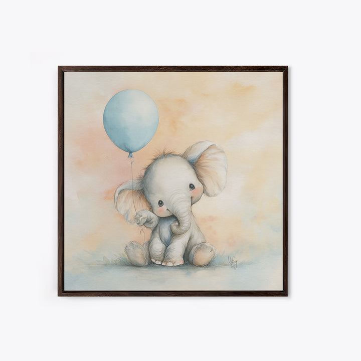 Sleepy Baby Elephant Holding a Tiny Balloon Canvas Print, Nursery Art, Neutral Decor, Nursery Decor, Fine Art, Nursery, NUR-1x1-25