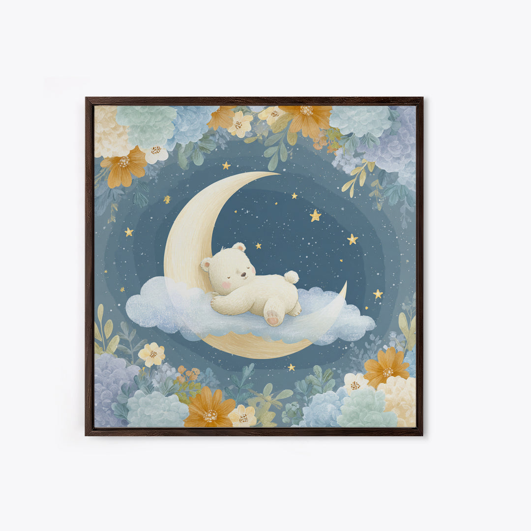 Baby Bear Floating on a Crescent Moon Canvas Print, Nursery Art, Kids Wall Decor, Nursery Decor, Oil Painting, Nursery, NUR-1x1-30