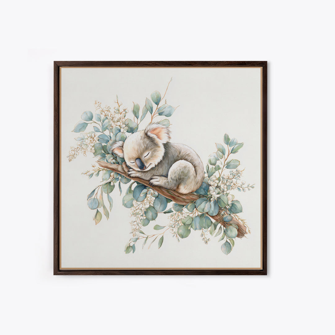 Sleeping Koala on Eucalyptus Branch Framed Canvas Print, Nursery Art, Whimsical Wall Art, Nursery Decor, Fine Art, Nursery, NUR-1x1-37