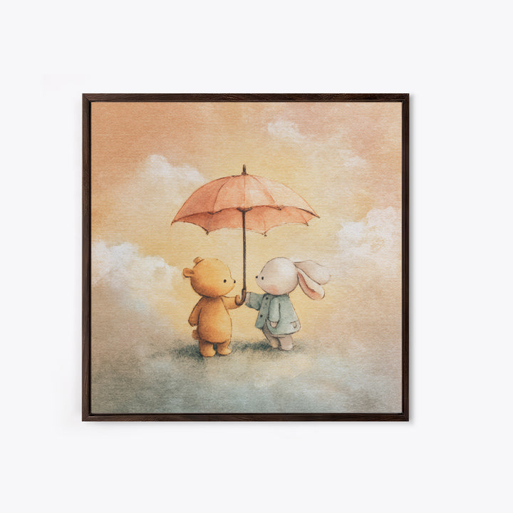 Bear and Rabbit Sharing Umbrella Framed Canvas Print, Nursery Art, Home Decor, Nursery Decor, Fine Art, Nursery, NUR-1x1-41
