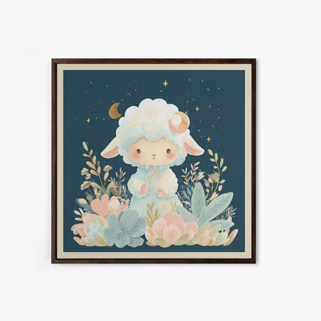 Little Lamb under a Starry Sky Framed Canvas Print, Nursery Art, Woodland Nursery, Nursery Decor, Oil Painting, Nursery, NUR-1x1-43