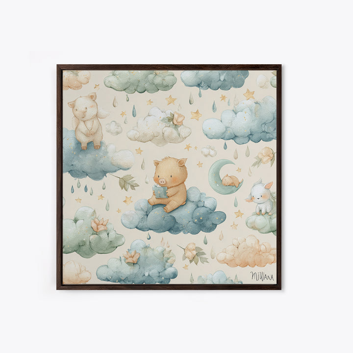 Clouds and Raindrops Framed Canvas Print, Nursery Art, Playroom Wall Art, Nursery Decor, Fine Art, Nursery, Statement Artwork, NUR-1x1-46
