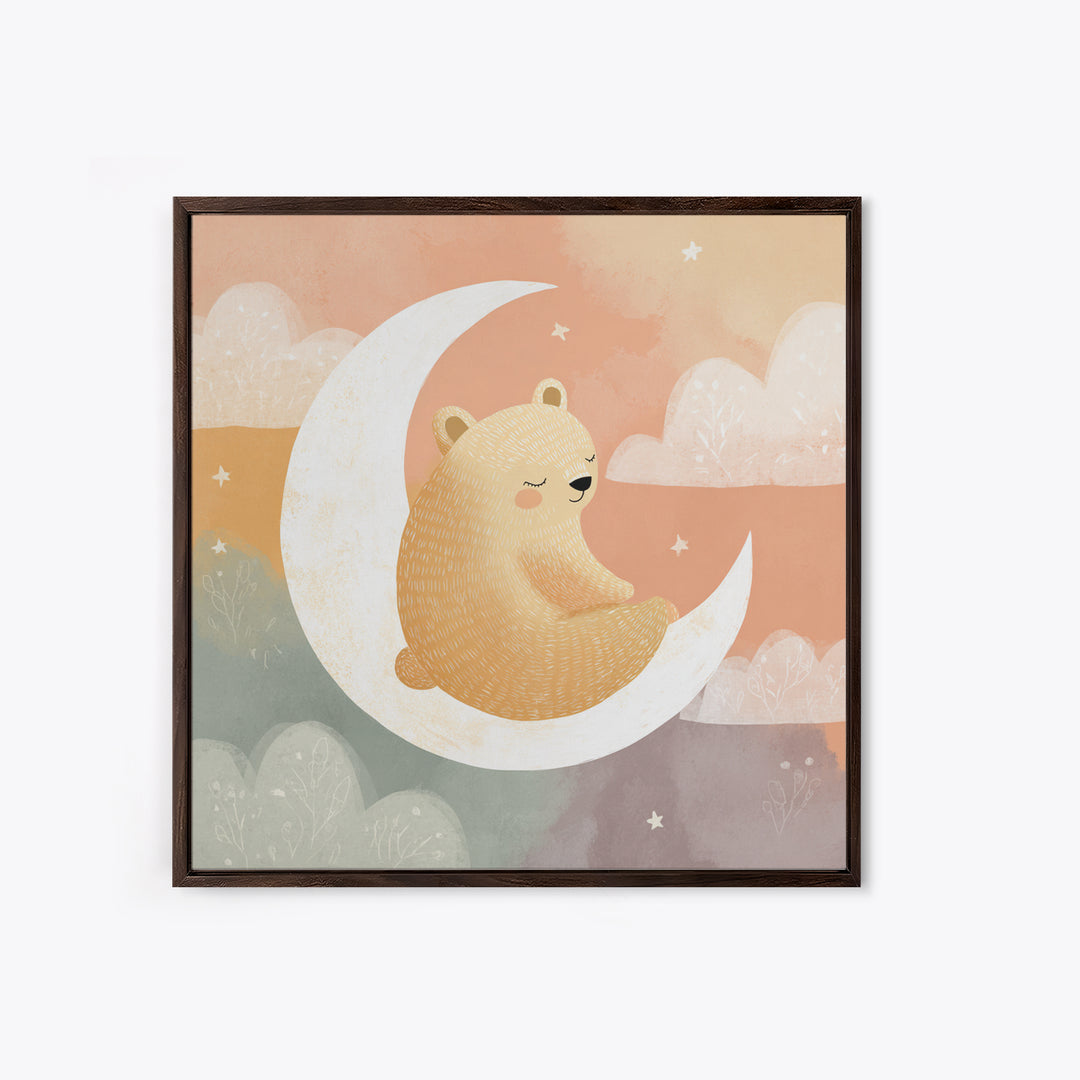 Baby Bear Floating on a Crescent Moon Canvas Print, Nursery Art, Kids Wall Decor, Nursery Decor, Oil Painting, Nursery, NUR-1x1-54
