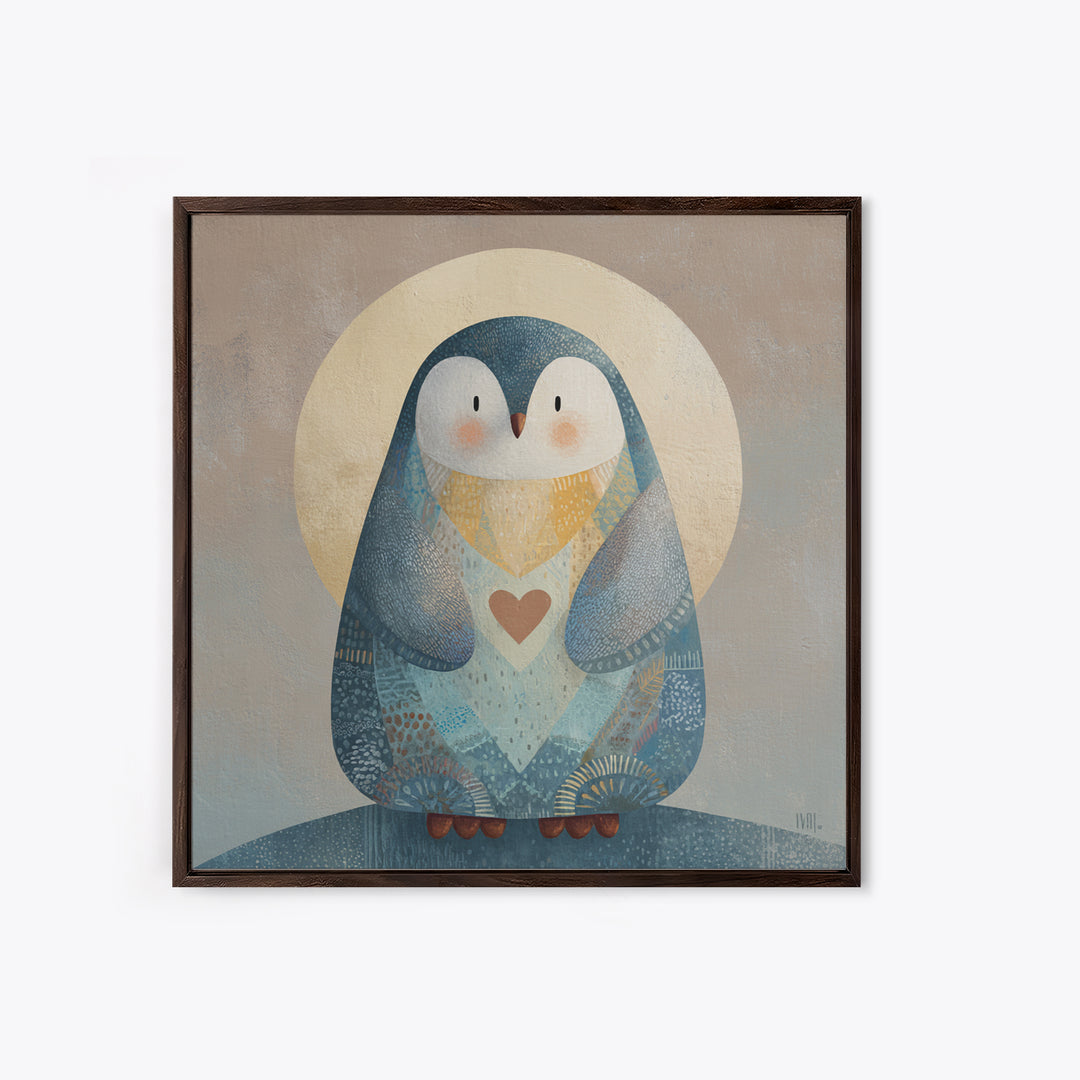Penguin Holding a Little Heart Shape Framed Canvas Print, Nursery Art, Kids Room Wall Art, Nursery Decor, Abstract Art, Nursery, NUR-1x1-58
