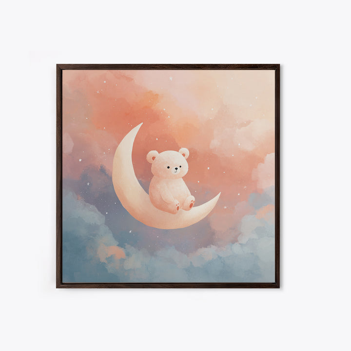 Baby Bear Floating on a Crescent Moon Framed Canvas Print, Nursery Art, Woodland Nursery, Nursery Decor, Watercolor Art, NUR-1x1-6