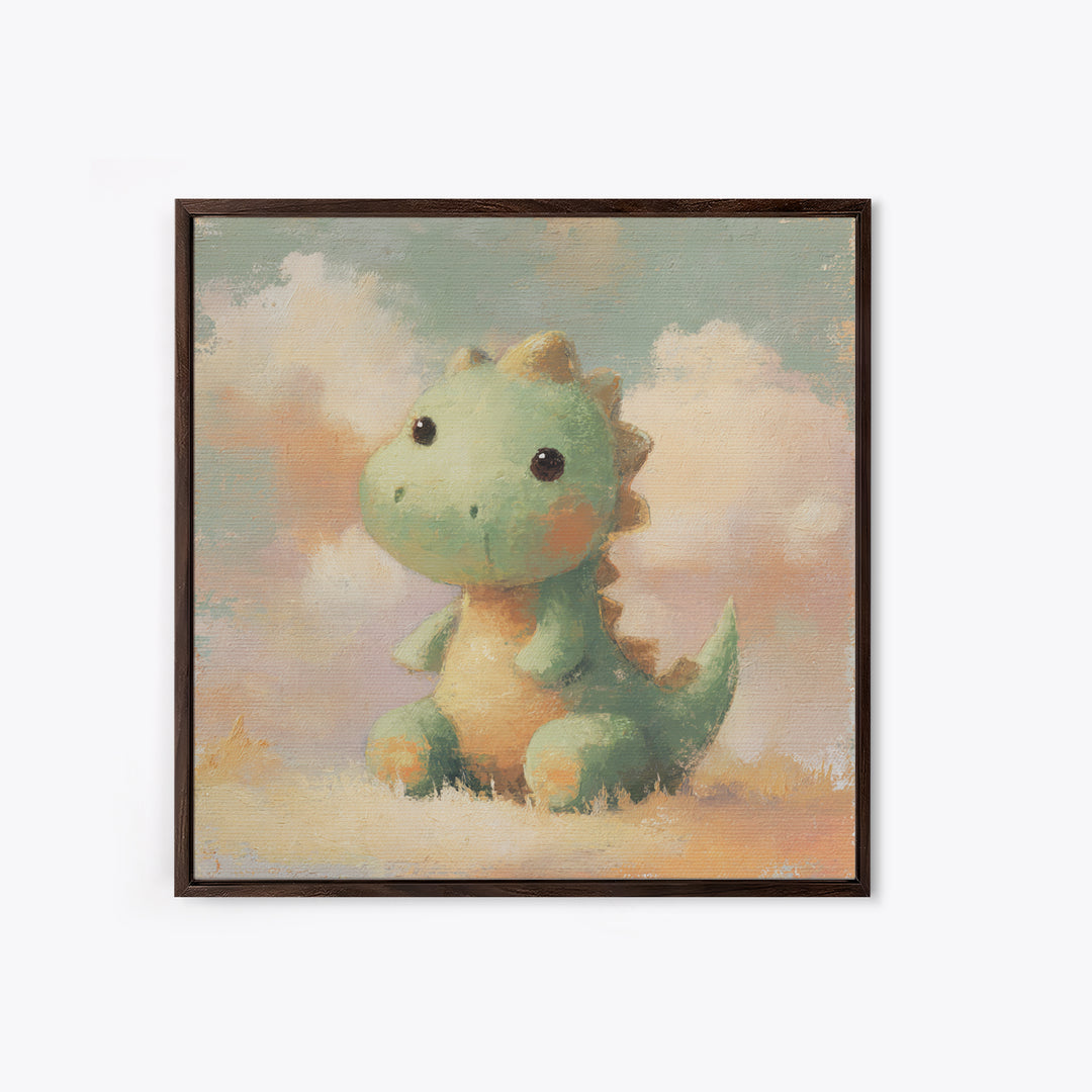 Tiny Dinosaur with Friendly Expression Framed Canvas Print, Nursery Art, Whimsical Wall Art, Nursery Decor, Fine Art, Nursery, NUR-1x1-63