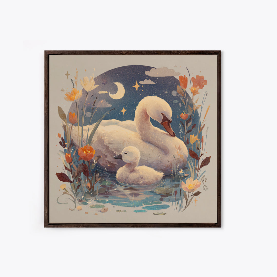 Swan and Cygnet Framed Canvas Print, Nursery Art, Digital Download Art, Nursery Decor, Fine Art, Nursery, Whimsical Wall Art, NUR-1x1-64