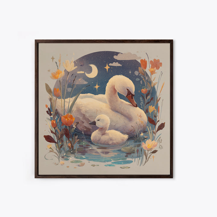Swan and Cygnet Framed Canvas Print, Nursery Art, Digital Download Art, Nursery Decor, Fine Art, Nursery, Whimsical Wall Art, NUR-1x1-64