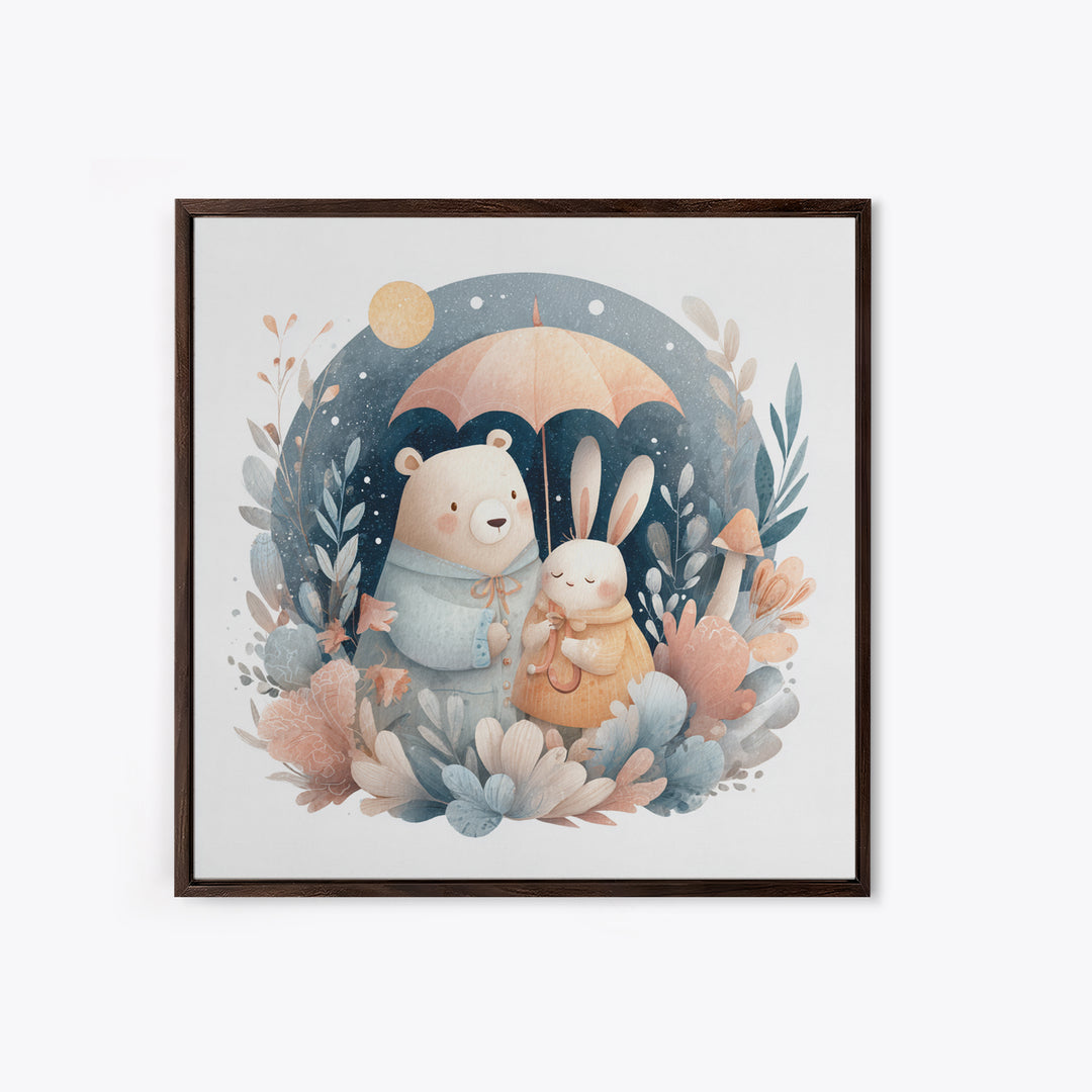 Bear and Rabbit Sharing Umbrella Framed Canvas Print, Nursery Art, Home Decor, Nursery Decor, Fine Art, Nursery, NUR-1x1-65