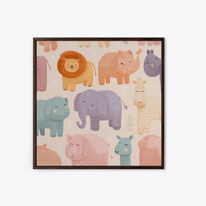 Pastel Jungle Animals Framed Canvas Print, Nursery Art, Baby Girl Nursery, Nursery Decor, Abstract Art, Nursery, Fine Art Print, NUR-1x1-66