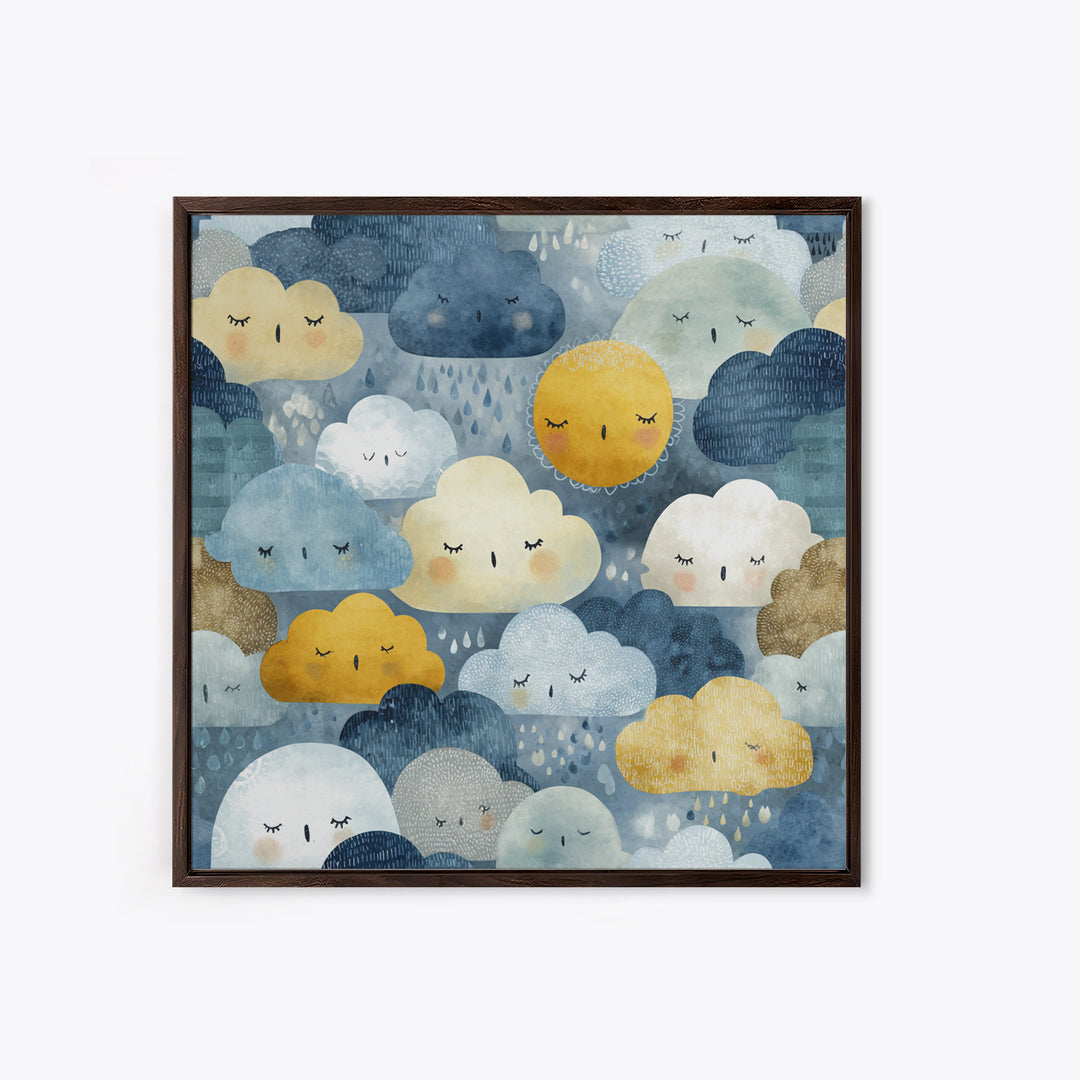Clouds and Raindrops Framed Canvas Print, Nursery Art, Playroom Wall Art, Nursery Decor, Fine Art, Nursery, Statement Artwork, NUR-1x1-70