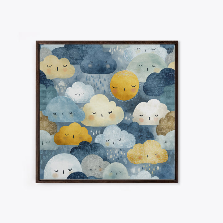 Clouds and Raindrops Framed Canvas Print, Nursery Art, Playroom Wall Art, Nursery Decor, Fine Art, Nursery, Statement Artwork, NUR-1x1-70