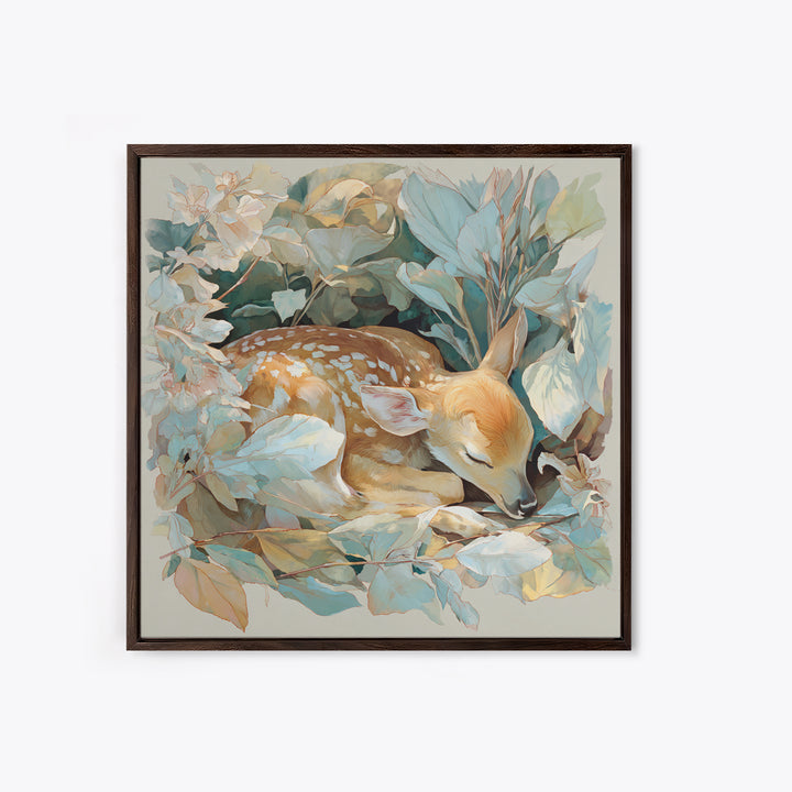 Deer Fawn Sleeping Framed Canvas Print, Nursery Art, Kids Room Wall Art, Nursery Decor, Fine Art, Nursery, Luxury Decor, NUR-1x1-71