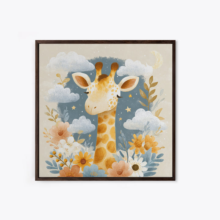 Gentle Giraffe with Pastel Flowers Framed Canvas Print, Nursery Art, Whimsical Wall Art, Nursery Decor, Watercolor Art, Nursery, NUR-1x1-74