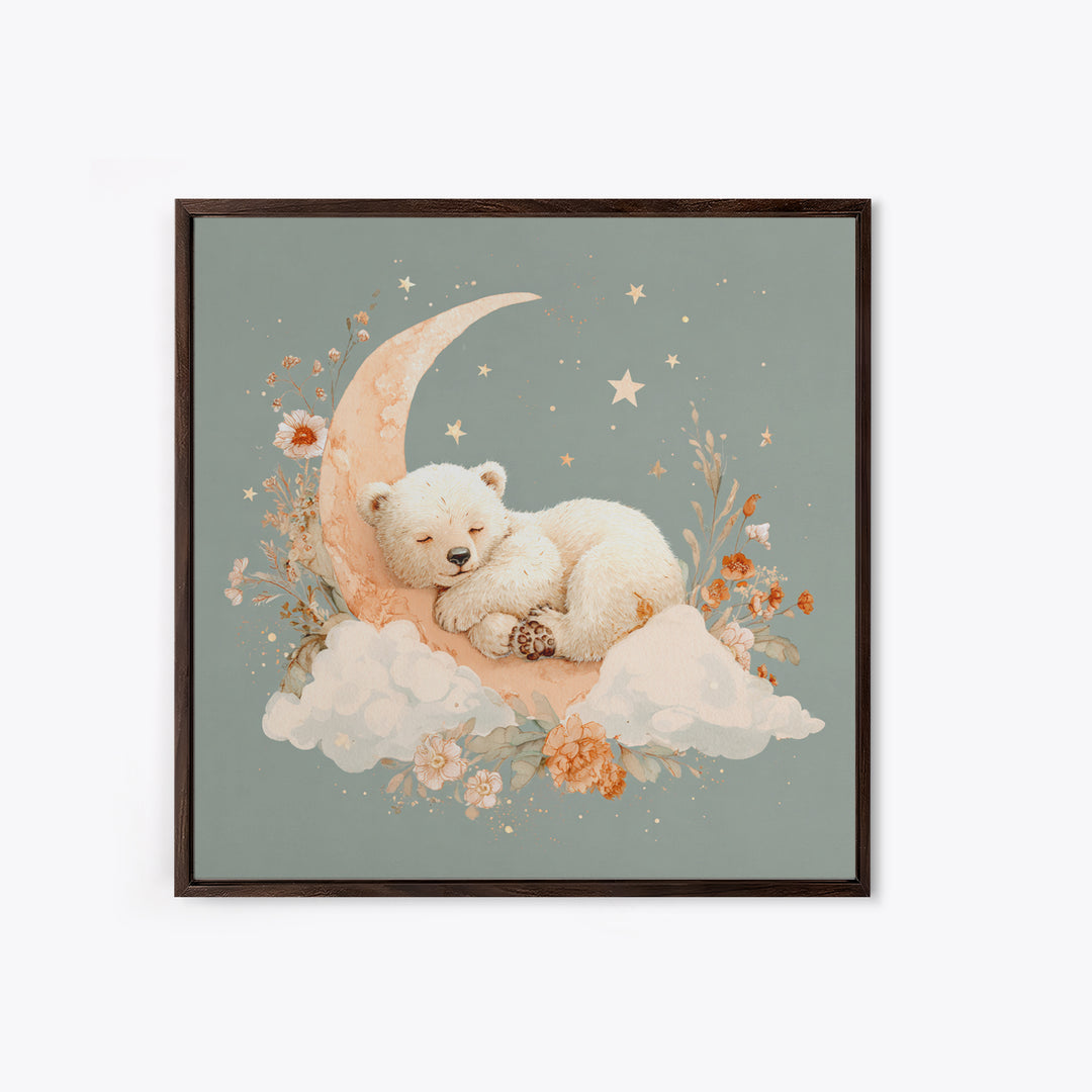 Baby Bear Floating on a Crescent Moon Framed Canvas Print, Nursery Art, Home Decor, Nursery Decor, Fine Art, Nursery, NUR-1x1-78