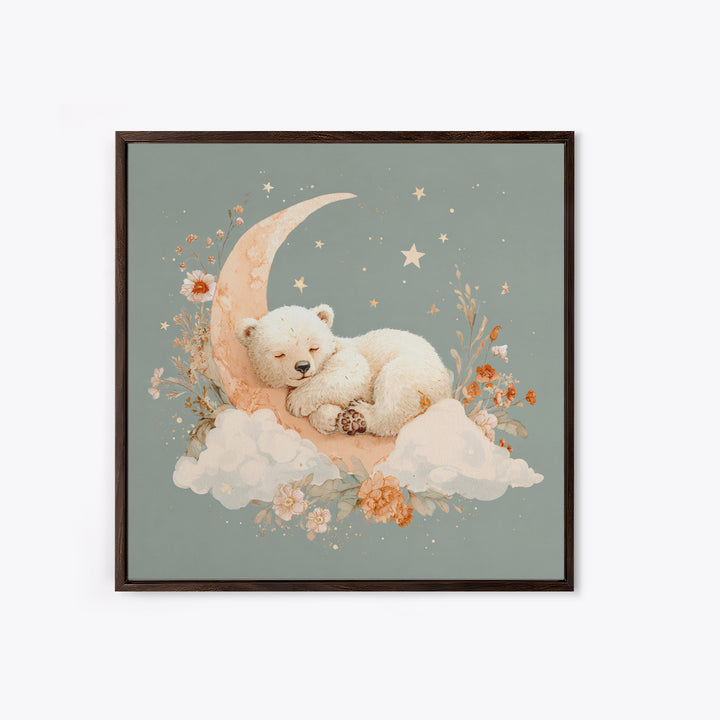 Baby Bear Floating on a Crescent Moon Framed Canvas Print, Nursery Art, Home Decor, Nursery Decor, Fine Art, Nursery, NUR-1x1-78