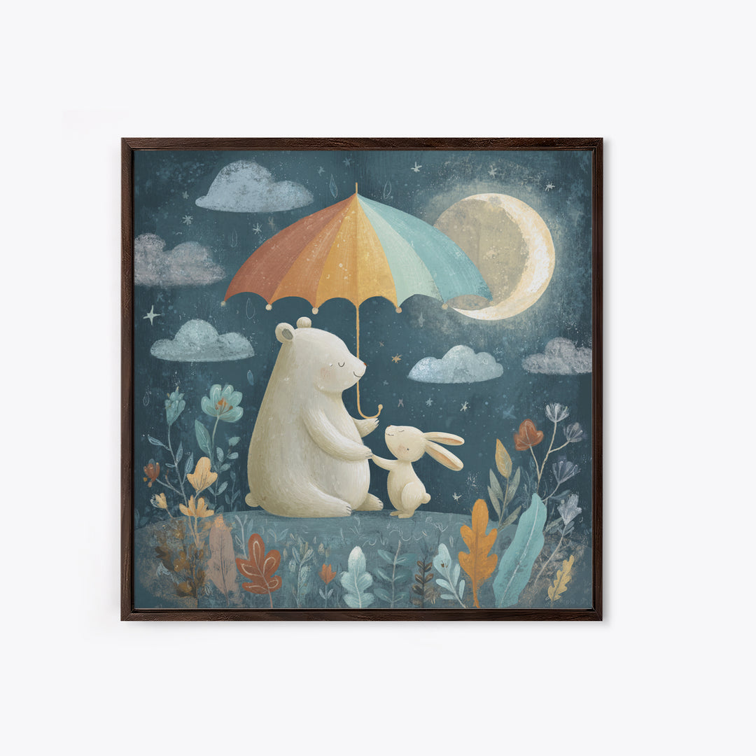 Bear and Rabbit Sharing Umbrella Canvas Print, Nursery Art, Boho Decor, Nursery Decor, Fine Art, Nursery, Wall Hangings, NUR-1x1-89