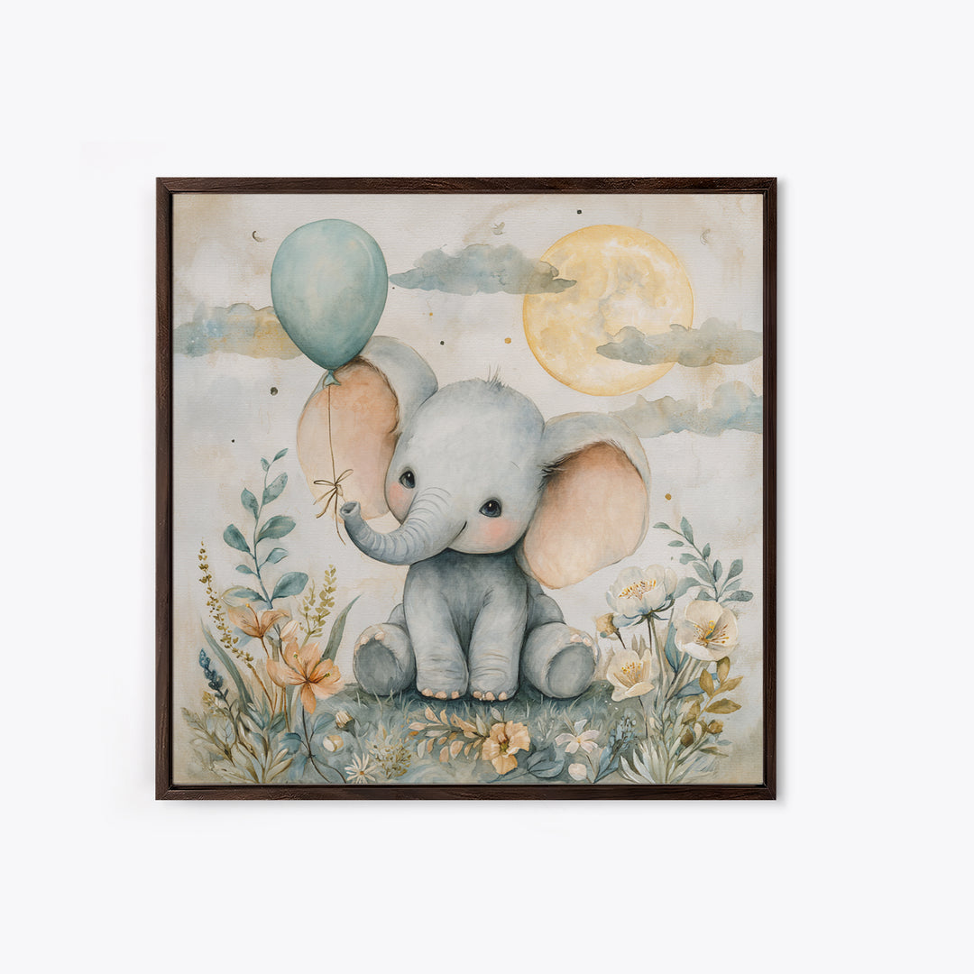 Sleepy Baby Elephant Holding a Tiny Balloon Canvas Print, Nursery Art, Wall Art, Nursery Decor, Oil Painting, Nursery, NUR-1x1-97