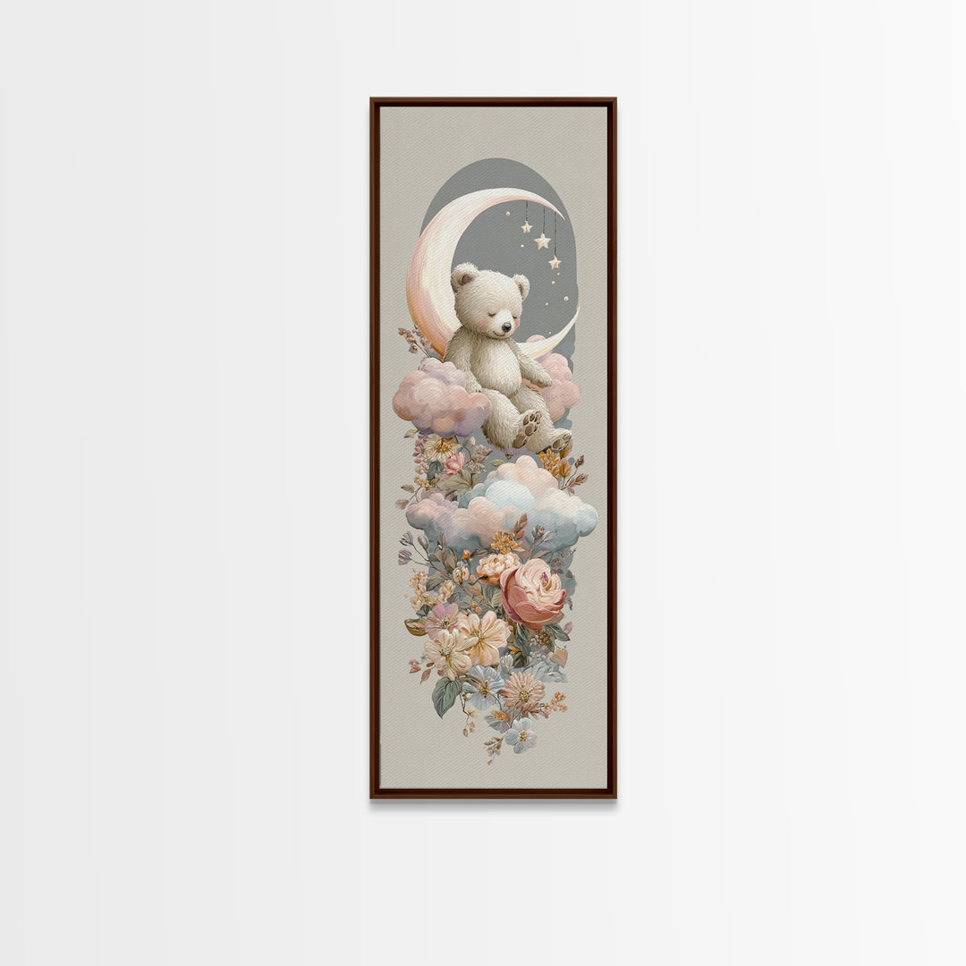 Baby Bear Floating on a Crescent Moon Canvas Print, Nursery Art, Dinosaur Wall Art, Nursery Decor, Fine Art, Nursery, NUR-1x3-18