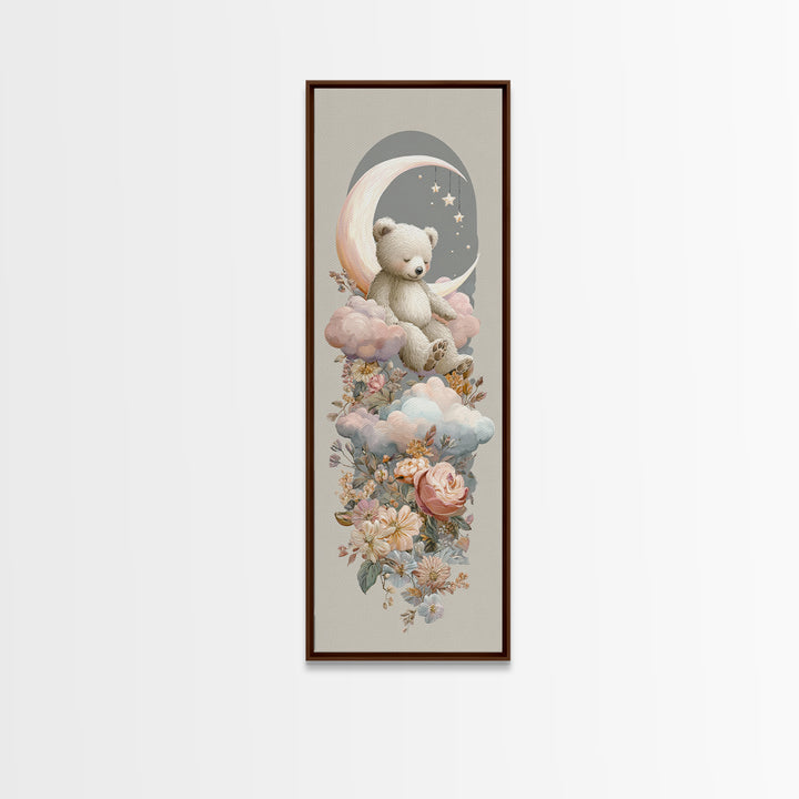 Baby Bear Floating on a Crescent Moon Canvas Print, Nursery Art, Dinosaur Wall Art, Nursery Decor, Fine Art, Nursery, NUR-1x3-18
