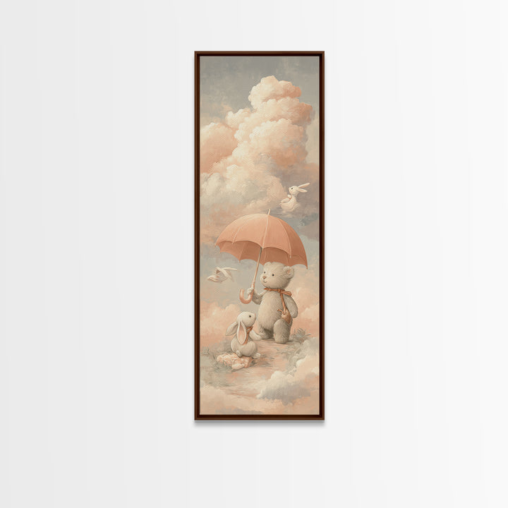 Bear and Rabbit Sharing Umbrella Framed Canvas Print, Nursery Art, Neutral Decor, Nursery Decor, Fine Art, Nursery, Wall Decor, NUR-1x3-29