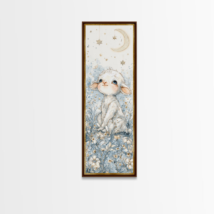 Little Lamb under a Starry Sky Framed Canvas Print, Nursery Art, Wall Hangings, Nursery Decor, Watercolor Art, Nursery, NUR-1x3-31