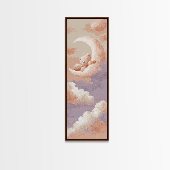 Baby Bear Floating on a Crescent Moon Canvas Print, Nursery Art, Dinosaur Wall Art, Nursery Decor, Fine Art, Nursery, NUR-1x3-42