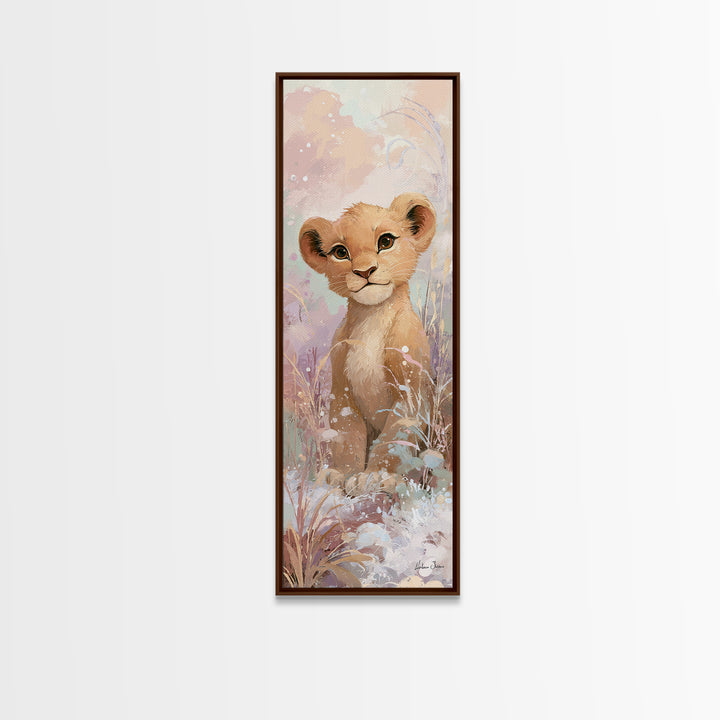 Lion Cub with Soft Golden Mane Framed Canvas Print, Nursery Art, Boho Decor, Nursery Decor, Oil Painting, Nursery, NUR-1x3-45