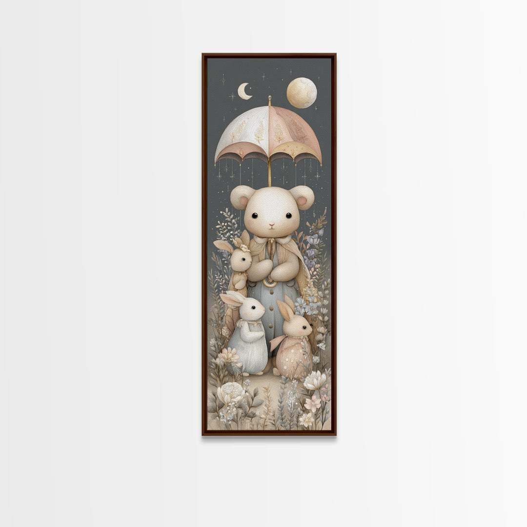 Bear and Rabbit Sharing Umbrella Canvas Print, Nursery Art, Dinosaur Wall Art, Nursery Decor, Fine Art, Nursery, Room Decor, NUR-1x3-5