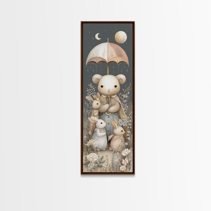 Bear and Rabbit Sharing Umbrella Canvas Print, Nursery Art, Dinosaur Wall Art, Nursery Decor, Fine Art, Nursery, Room Decor, NUR-1x3-5