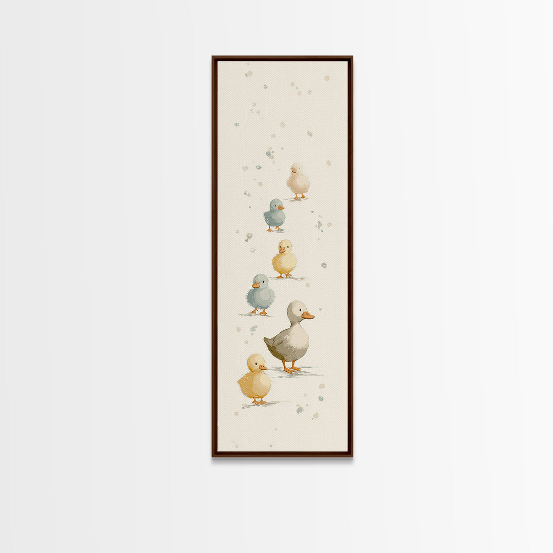 Ducklings Following a Mother Duck Framed Canvas Print, Nursery Art, Woodland Nursery Art, Nursery Decor, Oil Painting, Nursery, NUR-1x3-50