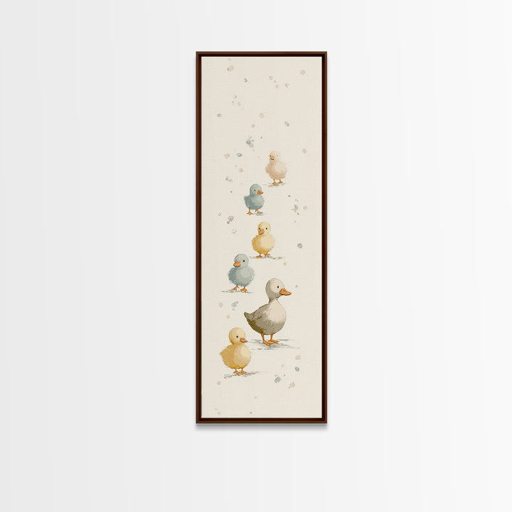 Ducklings Following a Mother Duck Framed Canvas Print, Nursery Art, Woodland Nursery Art, Nursery Decor, Oil Painting, Nursery, NUR-1x3-50