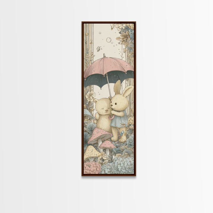 Bear and Rabbit Sharing Umbrella Framed Canvas Print, Nursery Art, Neutral Decor, Nursery Decor, Fine Art, Nursery, Wall Decor, NUR-1x3-53
