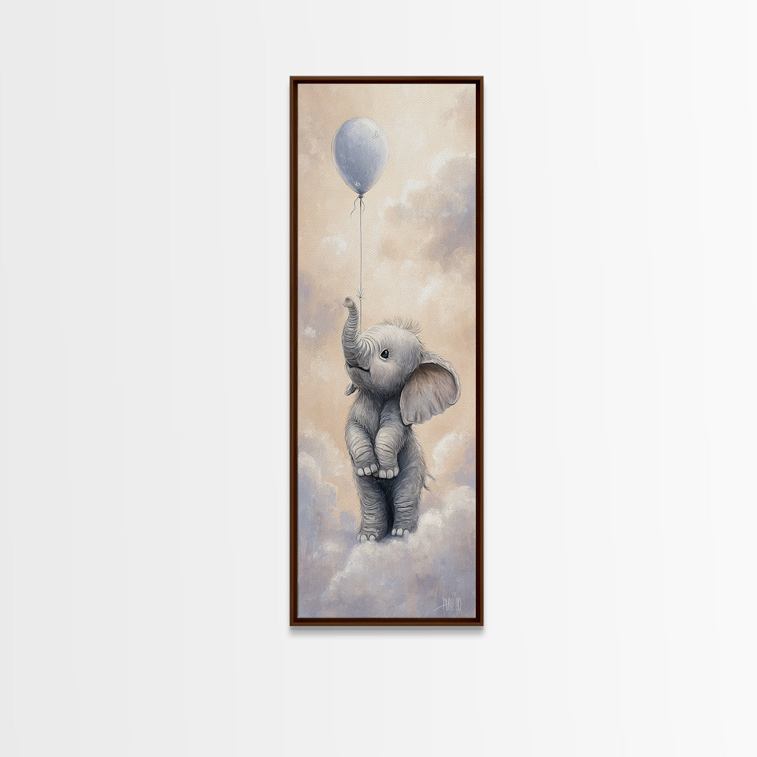 Sleepy Baby Elephant Holding a Tiny Balloon Framed Canvas Print, Nursery Art, Textured Painting, Nursery Decor, Nursery, NUR-1x3-61
