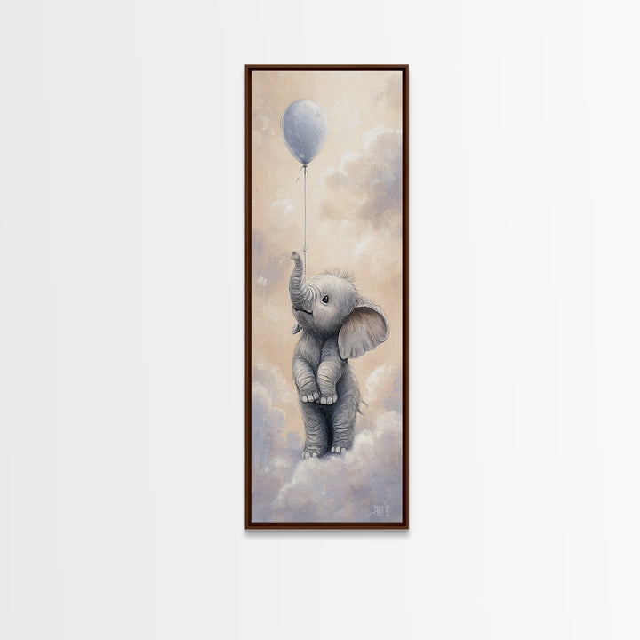 Sleepy Baby Elephant Holding a Tiny Balloon Framed Canvas Print, Nursery Art, Textured Painting, Nursery Decor, Nursery, NUR-1x3-61