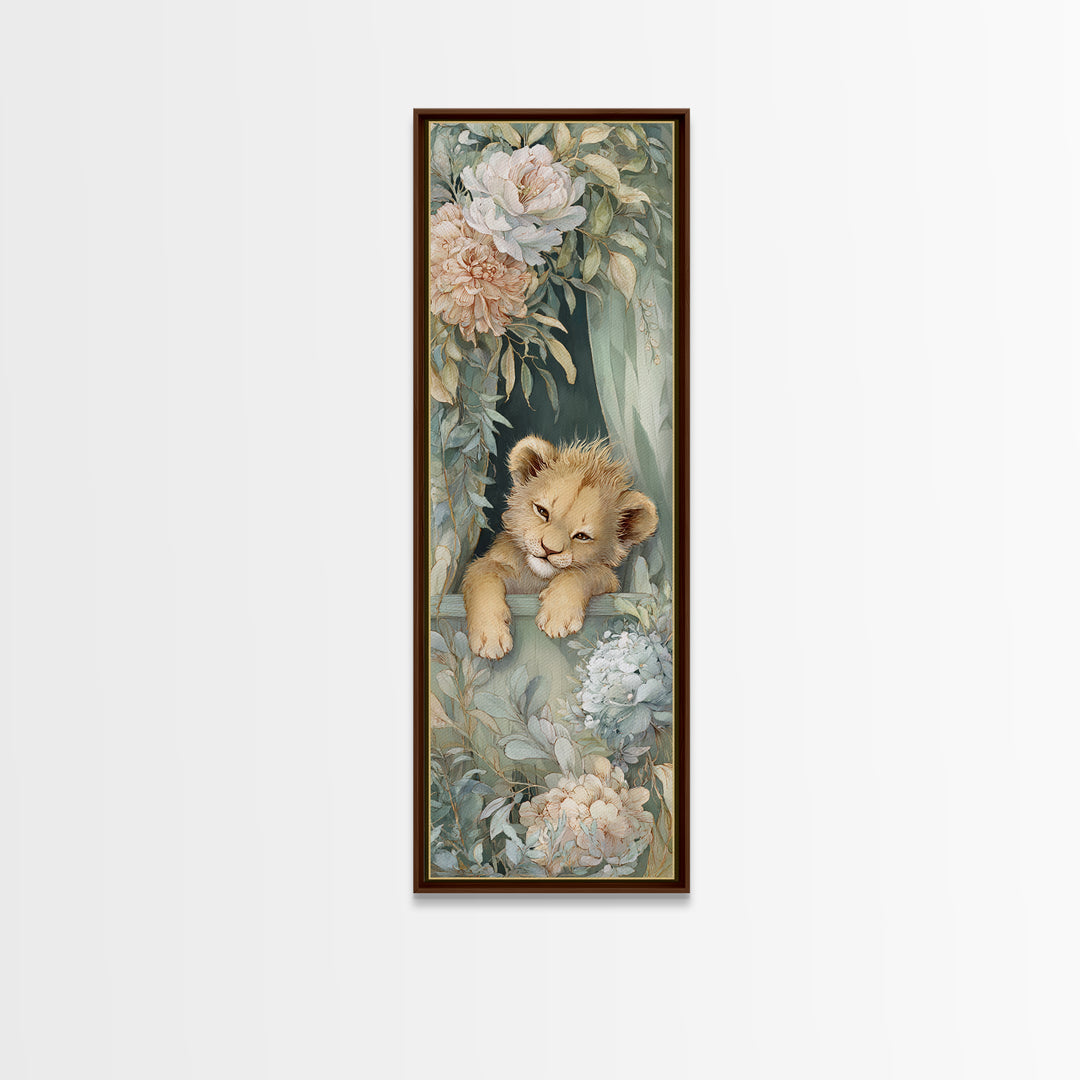 Lion Cub with Soft Golden Mane Framed Canvas Print, Nursery Art, Boho Decor, Nursery Decor, Oil Painting, Nursery, NUR-1x3-69
