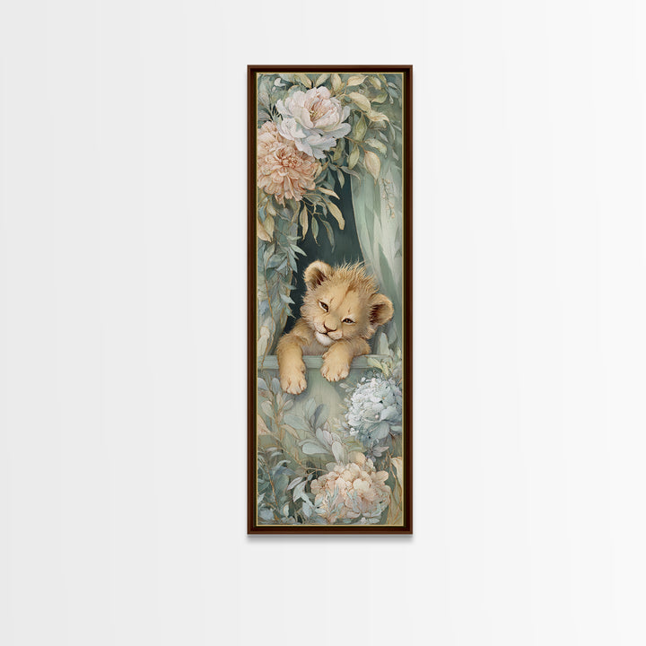 Lion Cub with Soft Golden Mane Framed Canvas Print, Nursery Art, Boho Decor, Nursery Decor, Oil Painting, Nursery, NUR-1x3-69