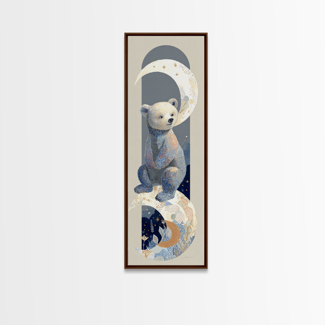 Baby Bear Floating on a Crescent Moon Canvas Print, Nursery Art, Luxury Decor, Nursery Decor, Oil Painting, Nursery, NUR-1x3-90
