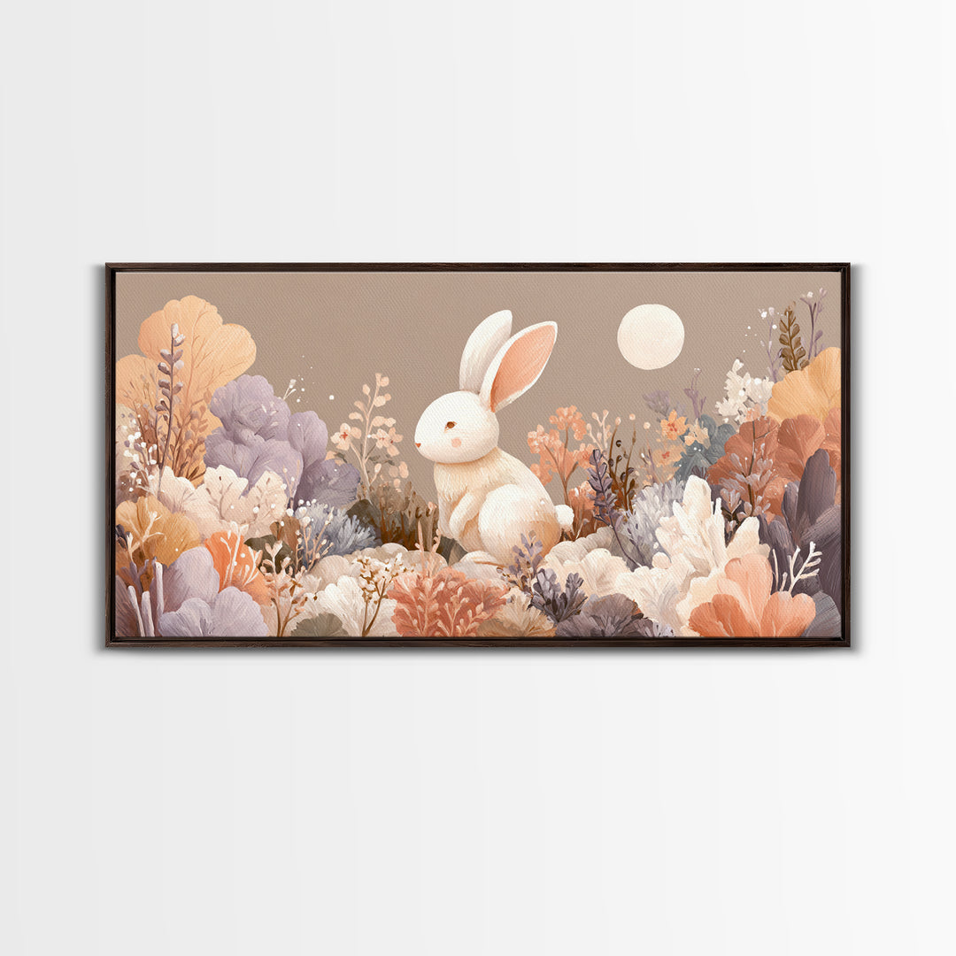 Soft Bunny in a Wildflower Meadow Framed Canvas Print, Nursery Art, Wall Decor, Nursery Decor, Oil Painting, Nursery, NUR-2x1-1