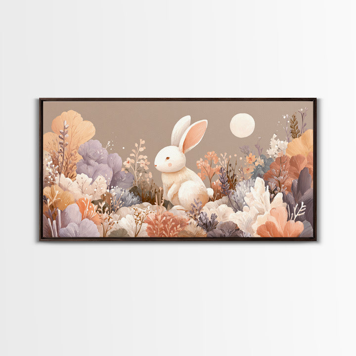 Soft Bunny in a Wildflower Meadow Framed Canvas Print, Nursery Art, Wall Decor, Nursery Decor, Oil Painting, Nursery, NUR-2x1-1
