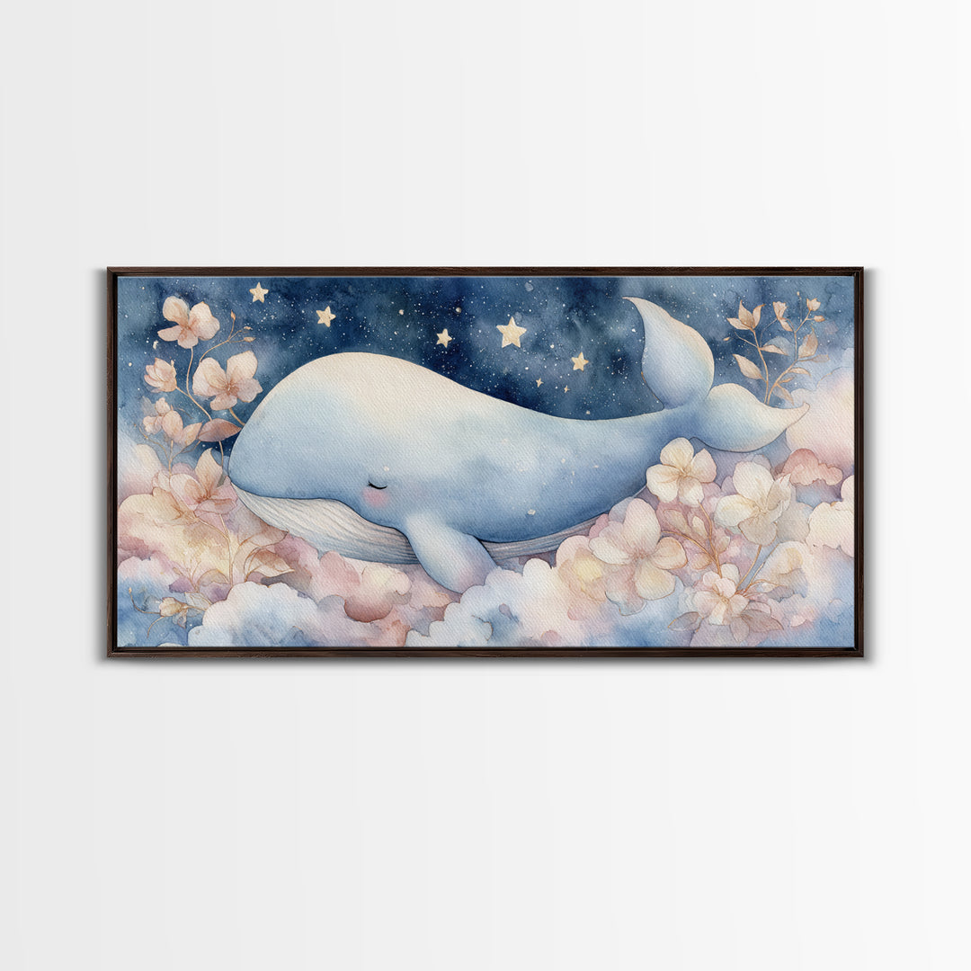 Whale and Tiny Stars Framed Canvas Print, Nursery Art, Playroom Wall Decor, Nursery Decor, Fine Art, Nursery, Modern Decor, NUR-2x1-100