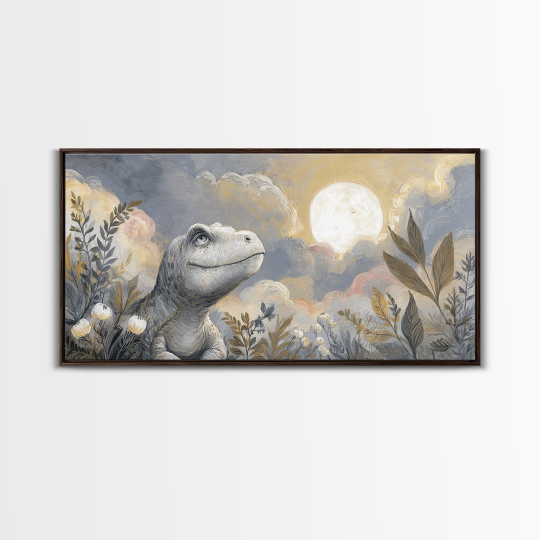 Tiny Dinosaur with Friendly Expression Framed Canvas Print, Nursery Art, Kids Wall Art, Nursery Decor, Fine Art, Nursery, NUR-2x1-11
